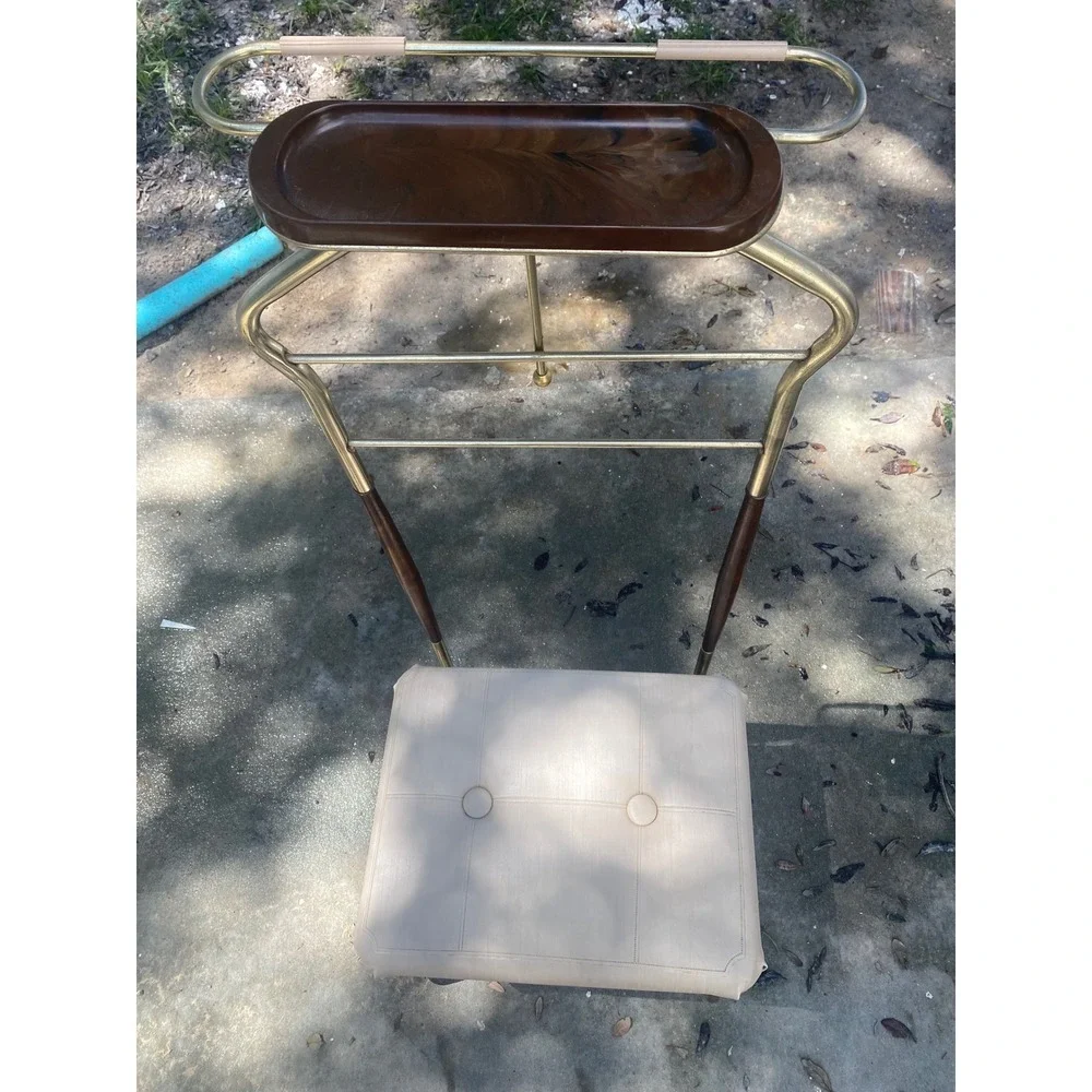 Vintage Pearl-Wick Valet Chair Mid Century Modern Brass Wood Suit‎ Stand Rack